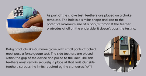 Bilder zeigen Beispiele für zwei Arten von Tests, denen der Gummee-Handschuh unterzogen wird. Bei dem einen handelt es sich um einen Choketest, bei dem anderen um einen Zugtest.
