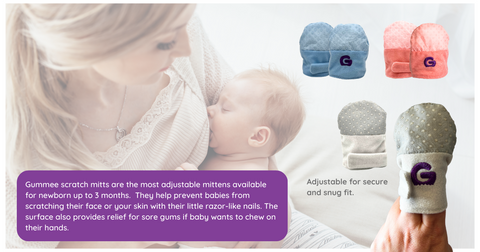 A breastfeeding Mum. Anti scratch mittens for newborn babies.