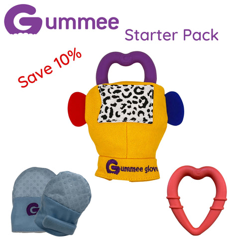 Gummee Starter Pack - Blue Mitts, Gummee Glove Yellow and Red Heart
