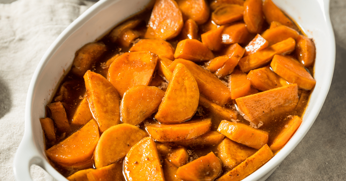 Candied yams in a bowl