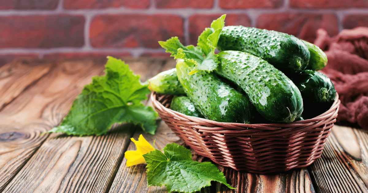 Cucumbers in a basket with leaves on wooden counter and brick background.