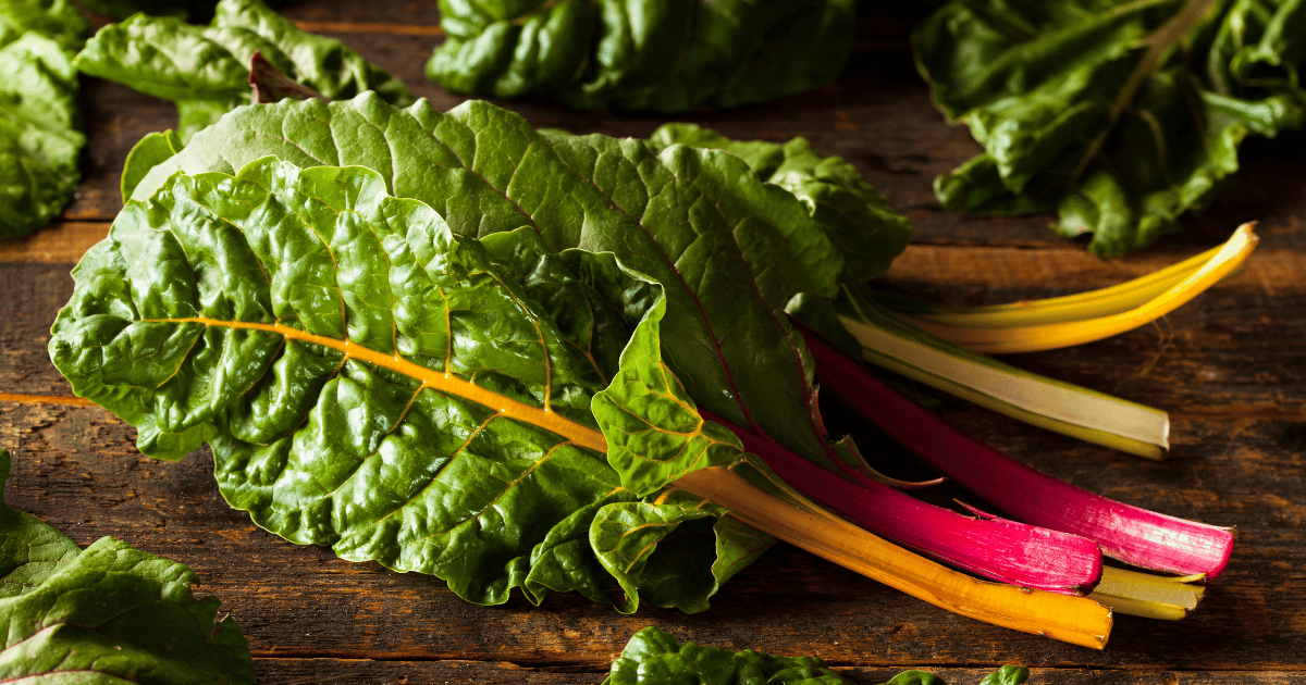 Rainbow chard on a wooden background.