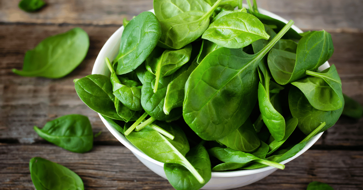 Baby spinach leaves in a bowl on a wooden background.