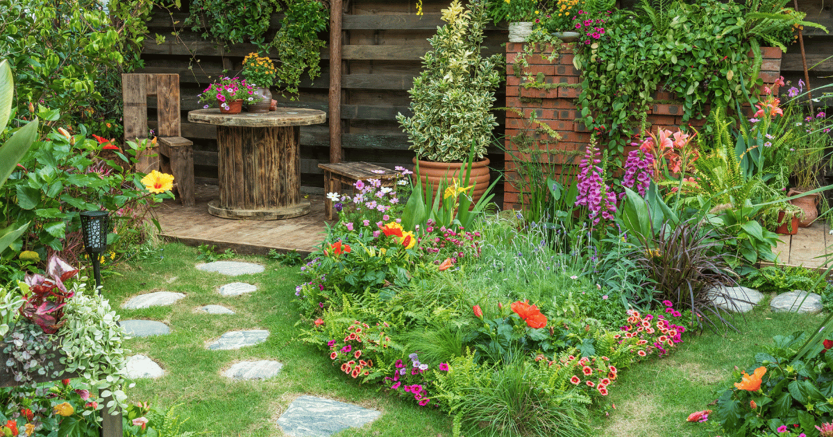 Landscaped backyard flower garden