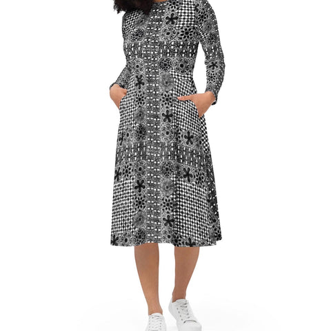 Black ñanduti lace print midi longlseeve dress