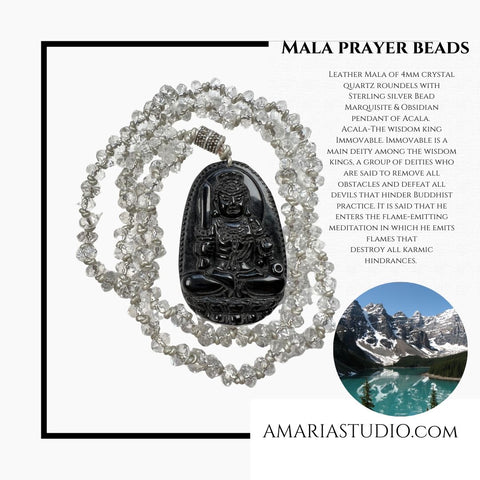 Crystal quartz leather mala with buddhist obsidian Acala pendant