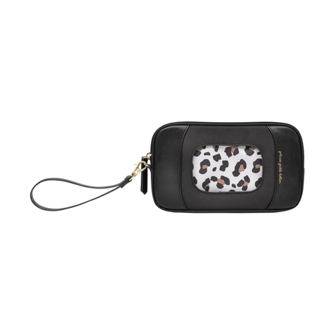 At the Ready Wristlet in Black with Leopard interior print against a white background