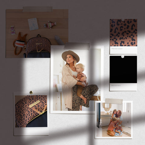 Mood Board featuring Petunia's District Backpack Diaper Bag in Leopard print