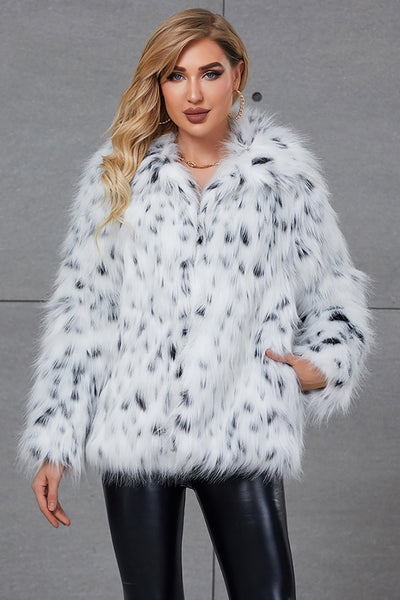 Zapaka Women Khaki Print Long Faux Fur Coat Open Front Fluffy
