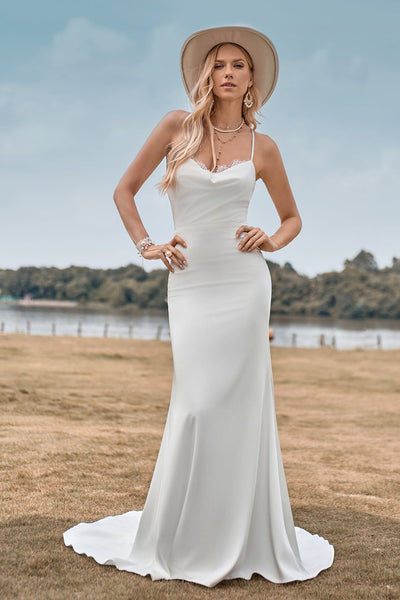 ZAPAKA Women Simple White Wedding Dress Spaghetti Straps Ivory Satin A-line  Prom Dress – Zapaka CA