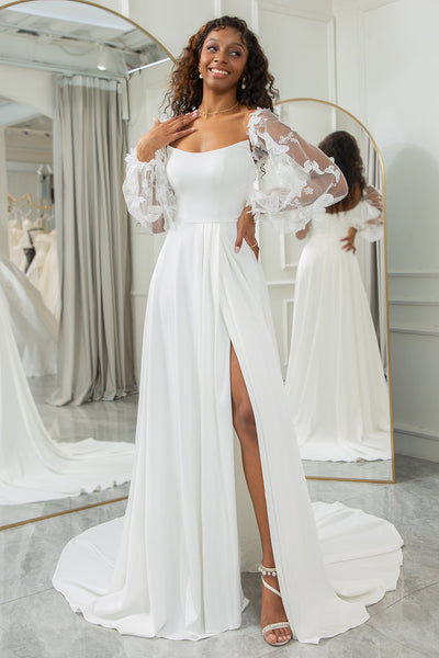 Zapaka Women Ivory Floral Lace Sweep Train Wedding Dress Spaghetti Straps  Corset Bridal Dress – Zapaka CA