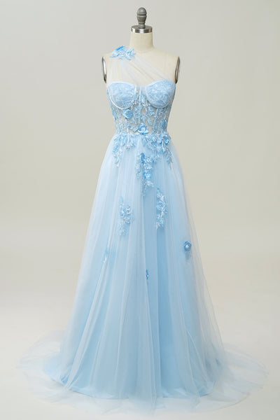 Blue Tulle Beaded Long Senior Prom Dress, A-Line Strapless Evening Par