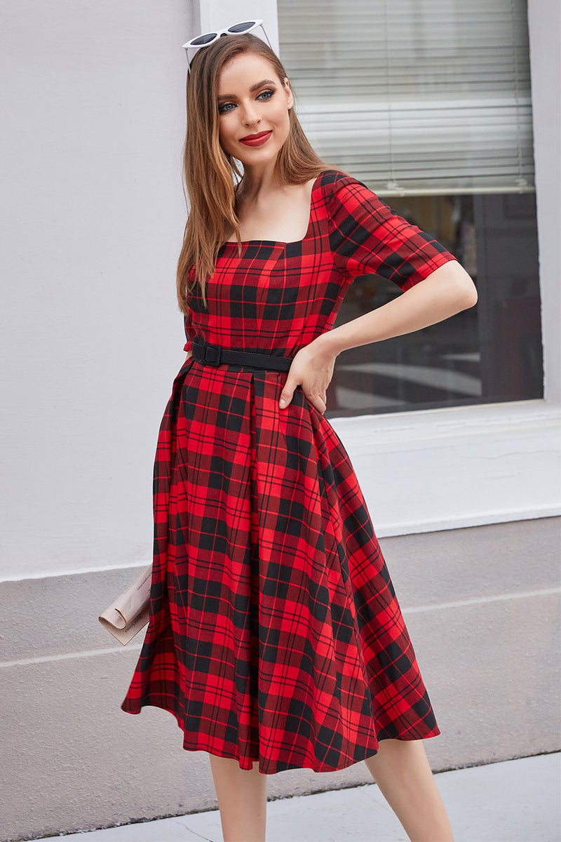 ZAPAKA Women Vintage Dress Red Plaid Square Neck 1950s Dress with Half ...