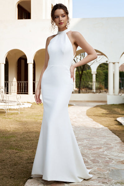Simple White Halter Lace Long Sheath Beach Wedding Dresses Bridal Dresses,  MW241 – Musebridals