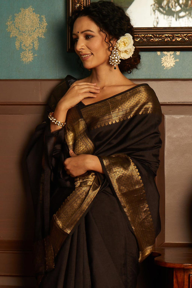 Black Benarasi Pure Silk Handwoven Saree – Six Yard Story