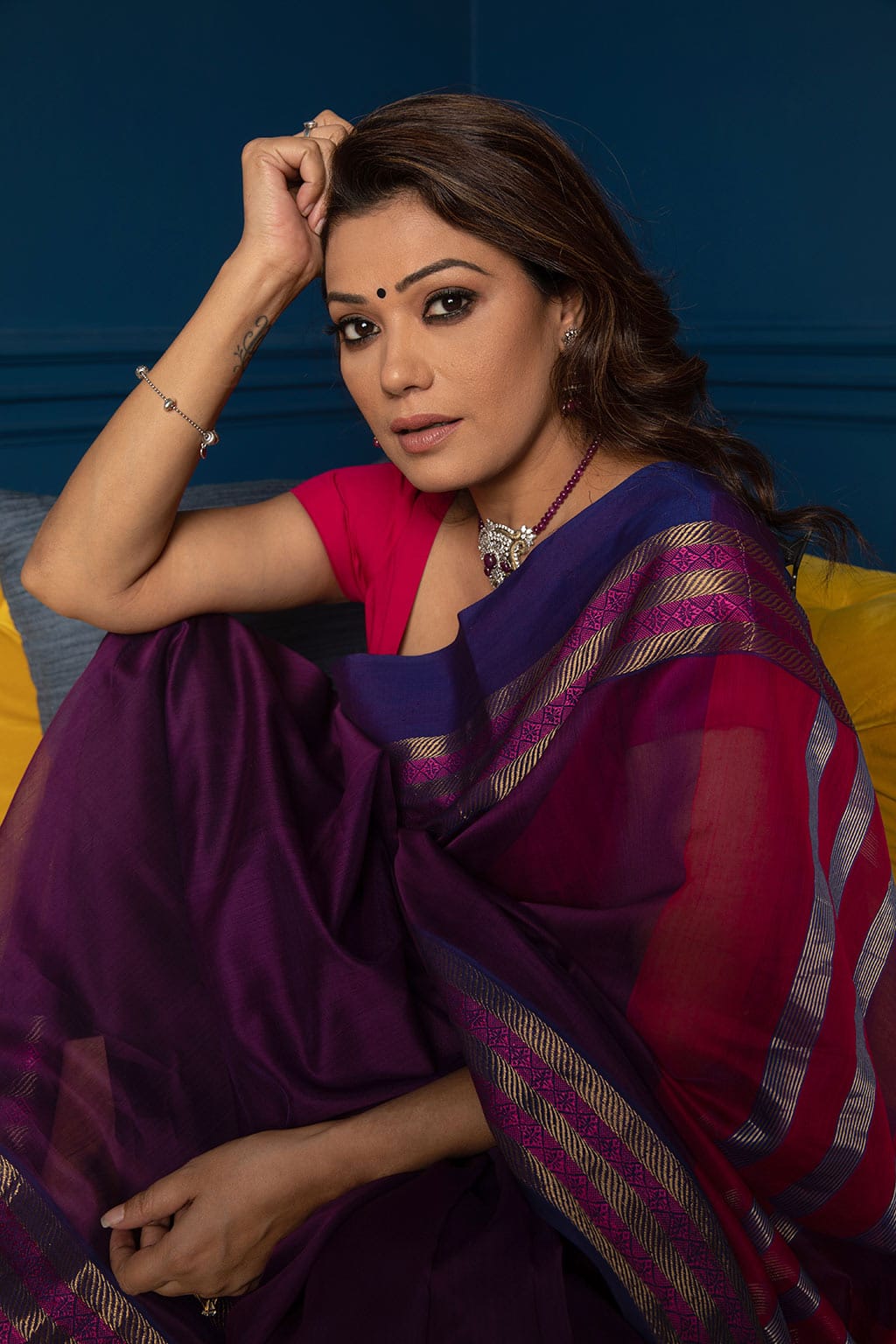 Glammrous Royal blue with rani pink thread temple design border - Kolkata  soft cotton sarees