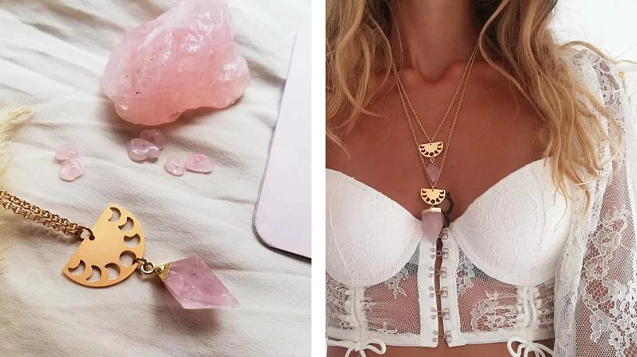 collier doré avec quartz rose - La Jungle Bijoux