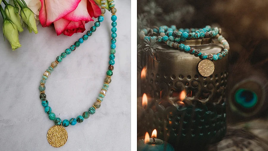 Collier Mala avec pierres précieuses bleu turquoise