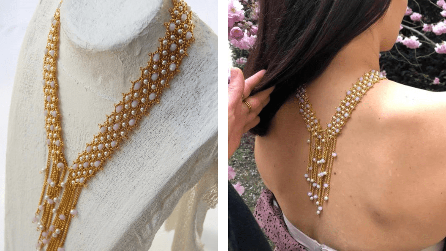 Bijoux faits main : collier cravate doré à perles d'eau