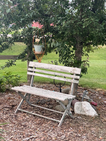Thrifted bench in garden