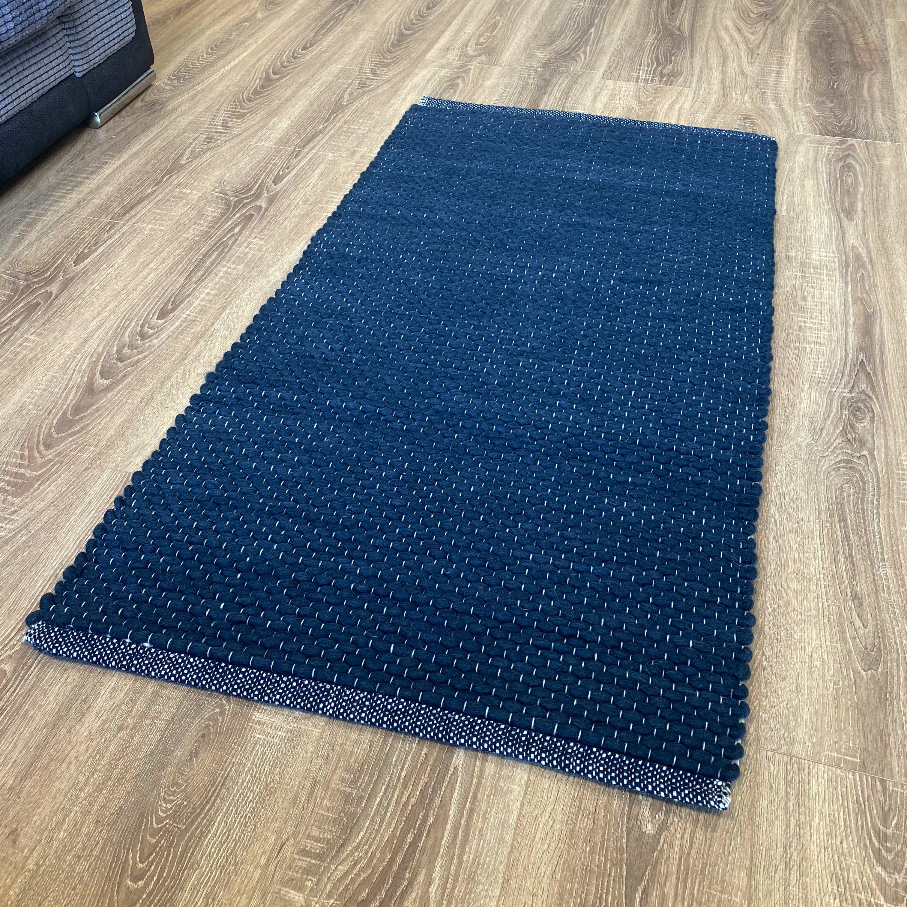 An image of Hermes Hand Woven Wool Rug Thick Loom 70 x 140cm / Deep Blue