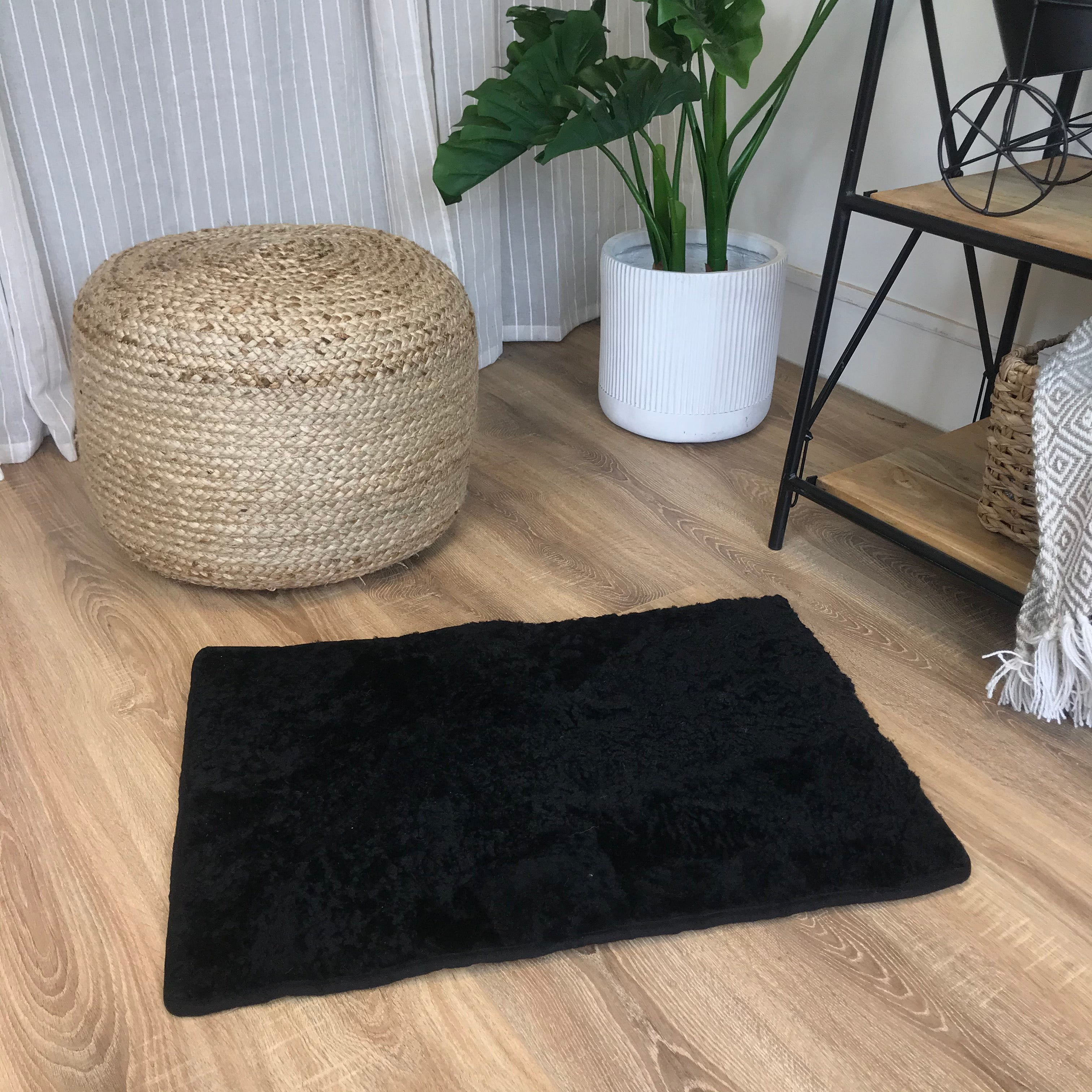 An image of Black Rectangular Sheepskin Pet Rug Medium