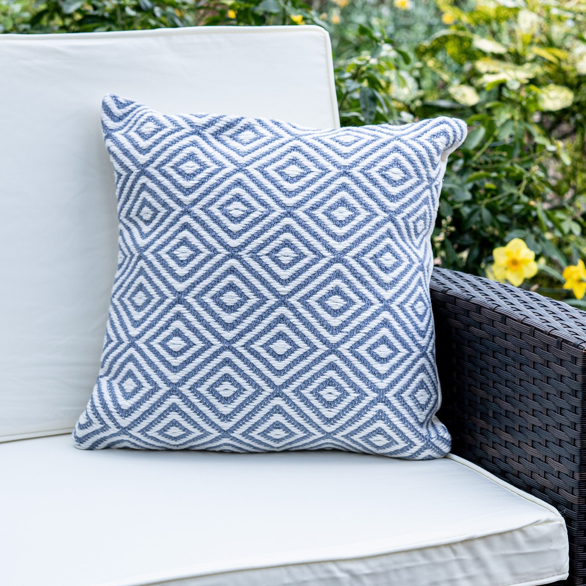 An image of Modern Diamond Eco-Friendly Woven Indoor / Outdoor Rug 45cm Cushion / Denim Blue