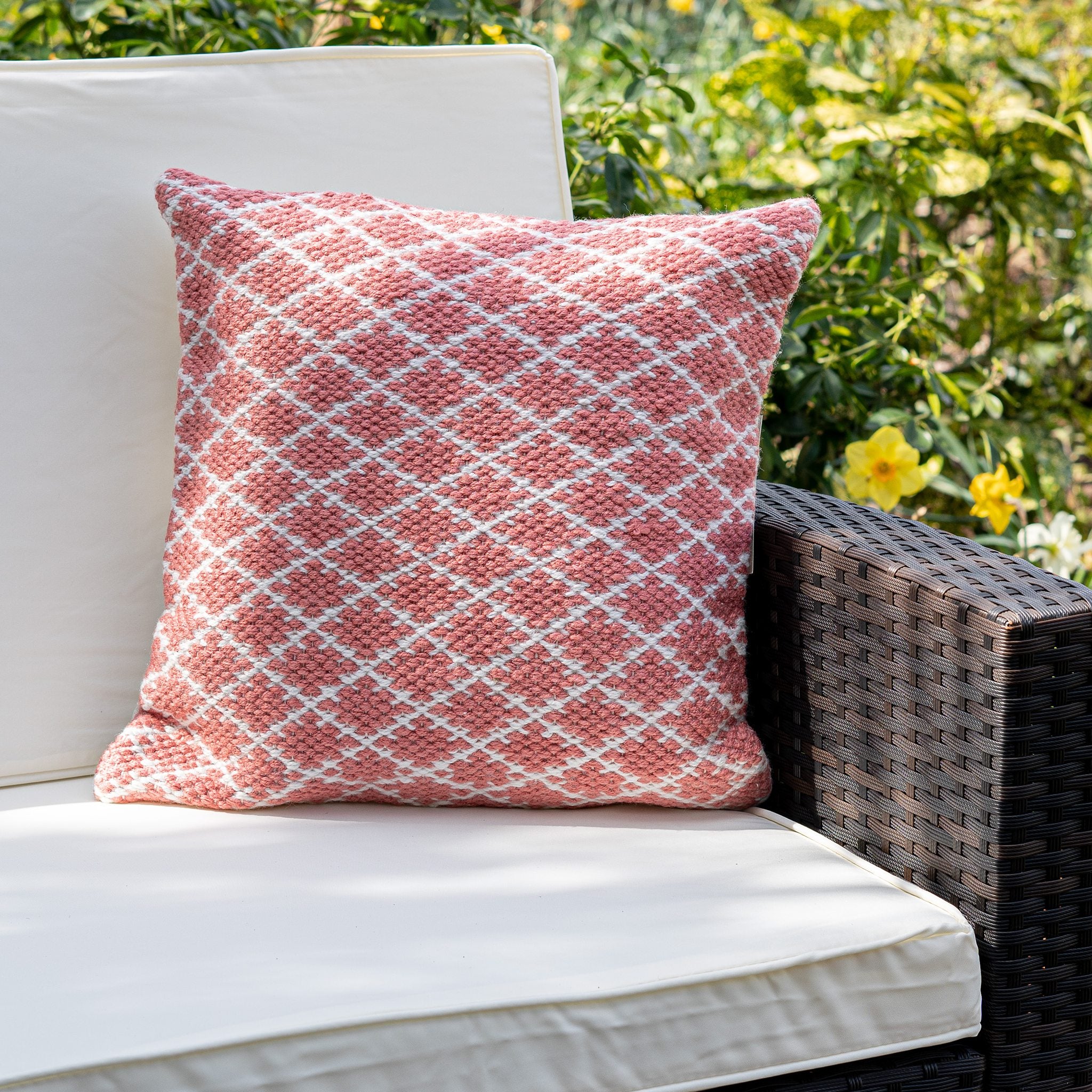 An image of Modern Trellis Eco-Friendly Woven Indoor / Outdoor Rug 45cm Cushion / Coral