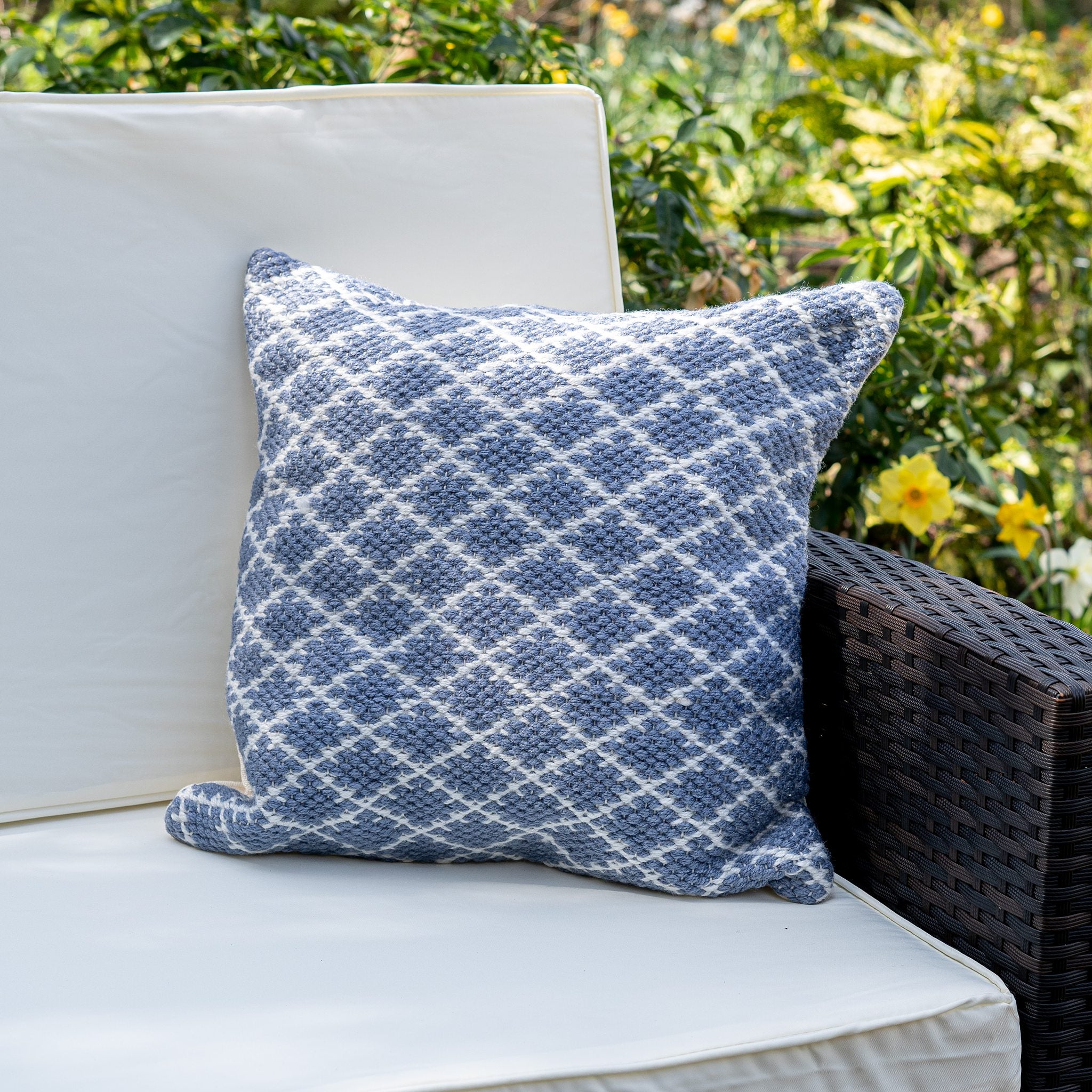 An image of Modern Trellis Eco-Friendly Woven Indoor / Outdoor Rug 45cm Cushion / Denim Blue