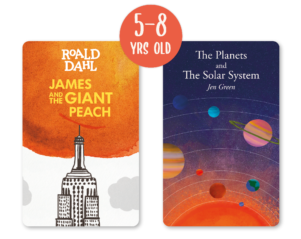2 cards suitable for 5-8 year olds: James and the Giant Peach and The Planets and The Solar System