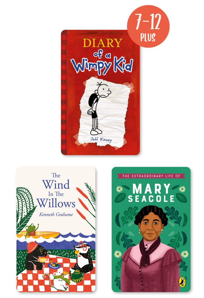 3 cards suitable for 7-12 year olds: Wimpy Kid, The Wind in the Willows and The Extraordinary Life of Mary Seacole