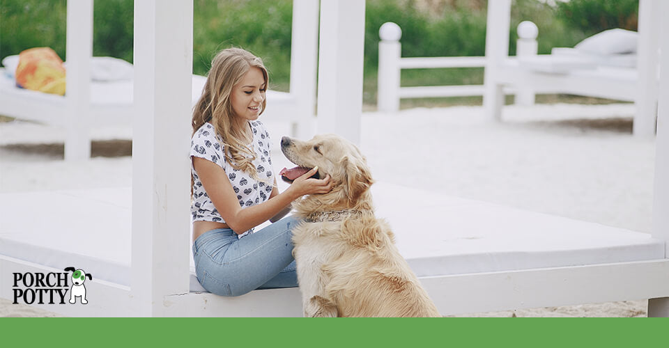 A young woman loves on her Golden Retriever, offering pets and pats