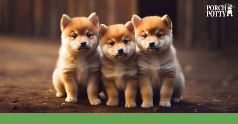 Three Shiba Inu puppies sit on a patch of dirt