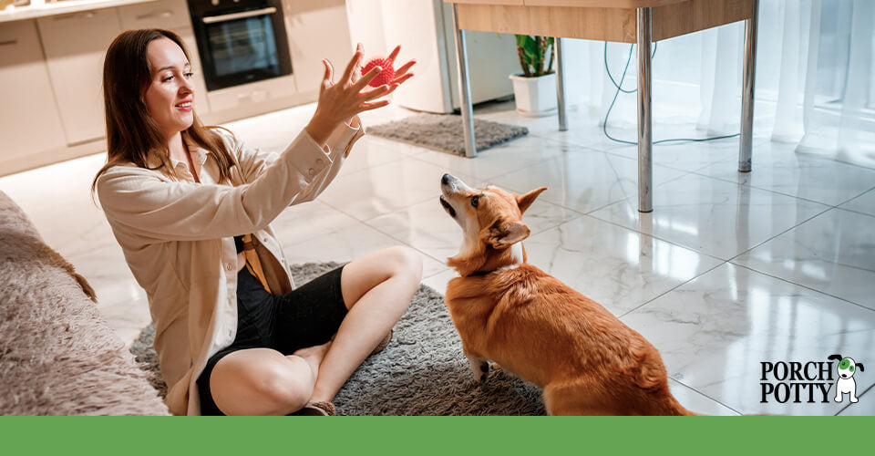 A young woman sits cross-legged while she plays with her pup