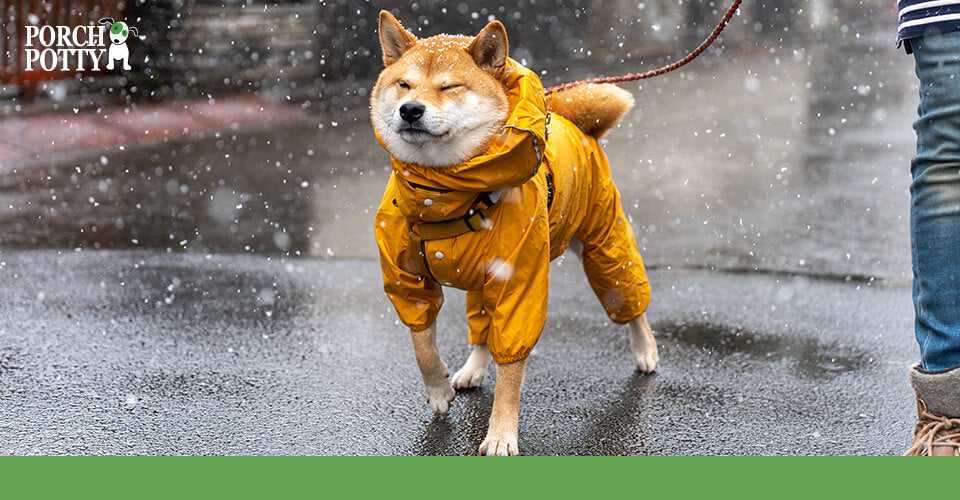 A Shiba Inu wearing a rain jacket enjoys his time playing in the rain
