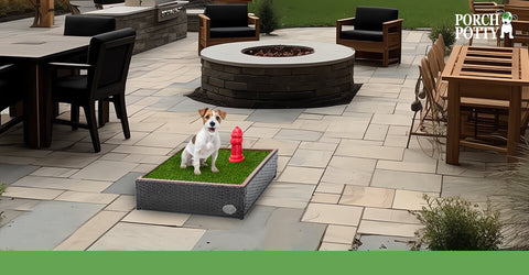A Jack Russell Terrier sits on a Porch Potty Mini set up on a patio