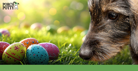 A Scottish Terrier sniffs some colorfully painted Easter eggs