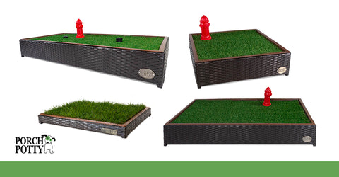 Porch Potty is a dog potty solution built to last your puppy's lifetime. This "dog litter box" can be used with artificial turf or real sod.