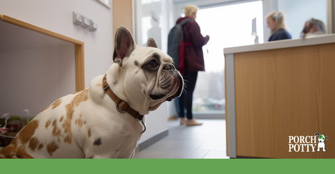 A spotted puppy sits on the floor at a vet's office