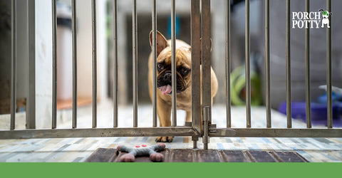 A French bulldog looks at the camera from behind a puppy gate