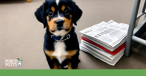 A black and tan puppy sits beside a stack of books