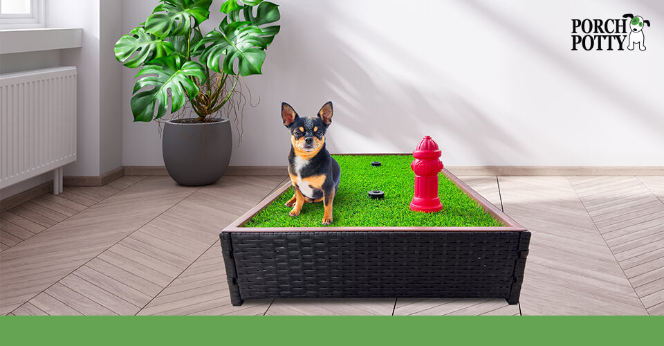 A Chihuahua sits on a Porch Potty Small