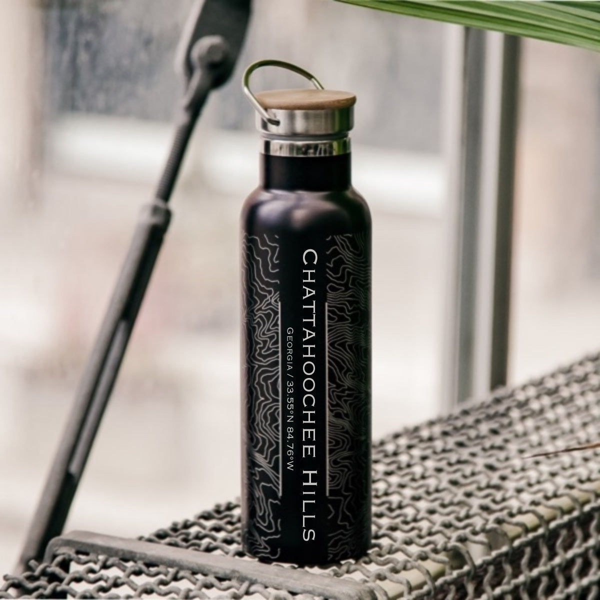 Chattahoochee Hills - Georgia Engraved Topographic Map Bottle with Bamboo Top in Matte Black