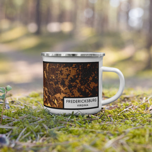 Right View Custom Fredericksburg Virginia Map Enamel Mug in Ember on Grass With Trees in Background