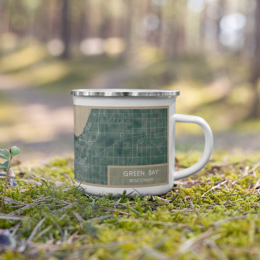 Right View Custom Green Bay Wisconsin Map Enamel Mug in Afternoon on Grass With Trees in Background