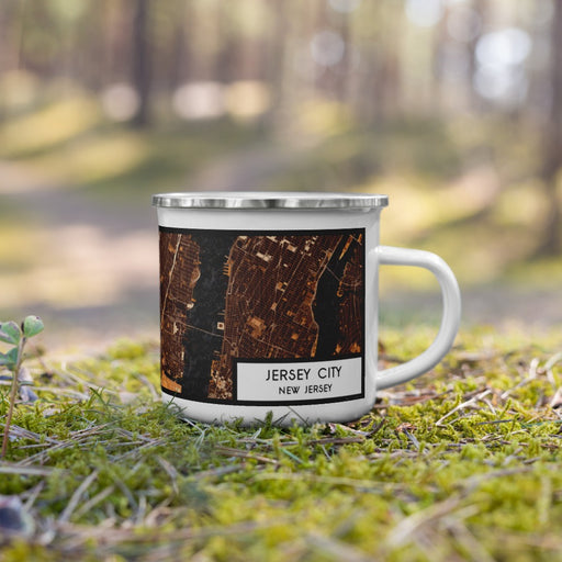 Right View Custom Jersey City New Jersey Map Enamel Mug in Ember on Grass With Trees in Background