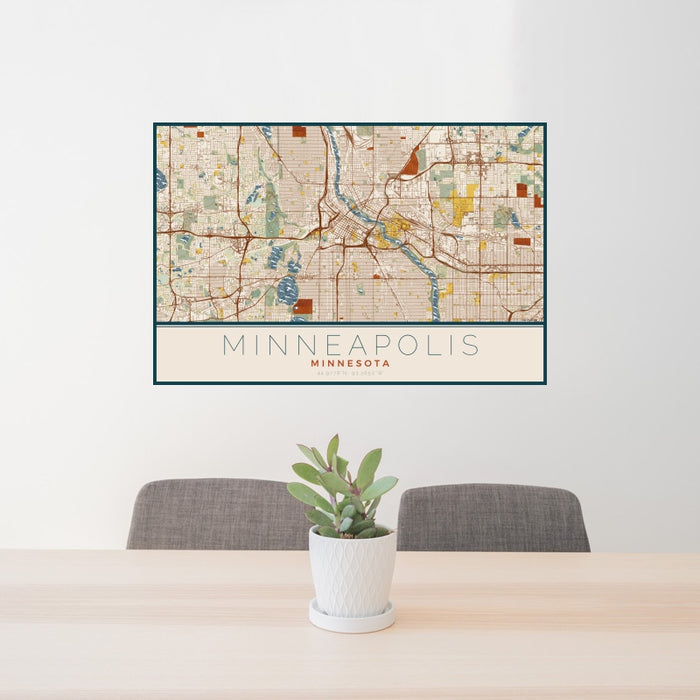 24x36 Minneapolis Minnesota Map Print Landscape Orientation in Woodblock Style Behind 2 Chairs Table and Potted Plant
