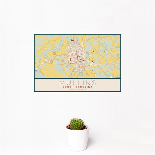 12x18 Mullins South Carolina Map Print Landscape Orientation in Woodblock Style With Small Cactus Plant in White Planter
