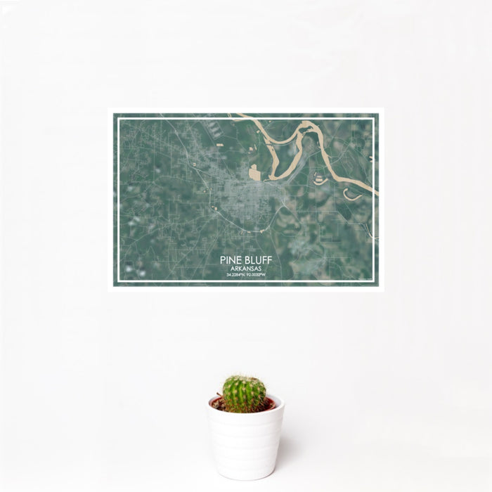 12x18 Pine Bluff Arkansas Map Print Landscape Orientation in Afternoon Style With Small Cactus Plant in White Planter