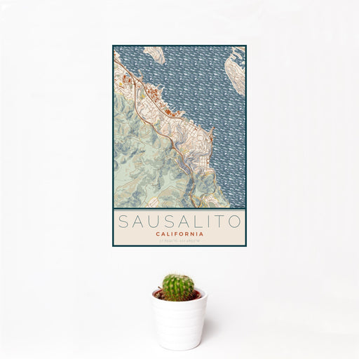 12x18 Sausalito California Map Print Portrait Orientation in Woodblock Style With Small Cactus Plant in White Planter